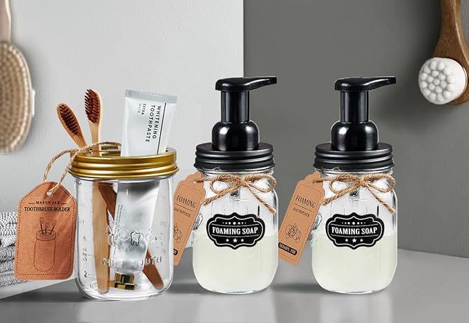 Mason Jar Toothbrush Holder - Golden - with 16 Ounce Mason Jar,Premium Rustproof 304 Stainless Steel Lid and Chalkboard Labels - Rustic Farmhouse Decor Bathroom Accessories/Golden