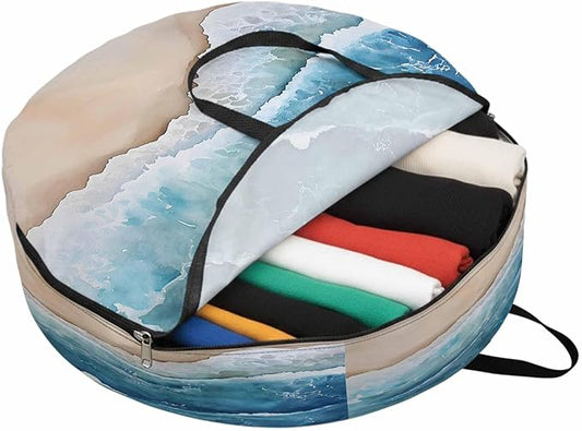 Abstract Waves Round Storage Bag 24 Inch, Blue White Ocean Spray Seaside Watercolor Clothes Storage Container with Handles Heavy Duty Organizer for Comforter, Bedding & Holiday Wreaths