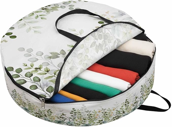 Storage Bag Sage Green Eucalyptus Leaves Round Storage Totes Bins Closet Organizers with Zippers & Handle Berry Branch Nature Plant Clothes Storage Container for Bedroom Space Saving Packing Supplies