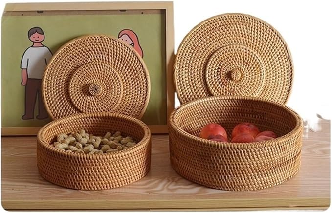 Fengyan Storage Natural Autumn Rattan Storage Basket, Dining Coffee Table Plate, Braided Nut Ornaments with Lid(Large)