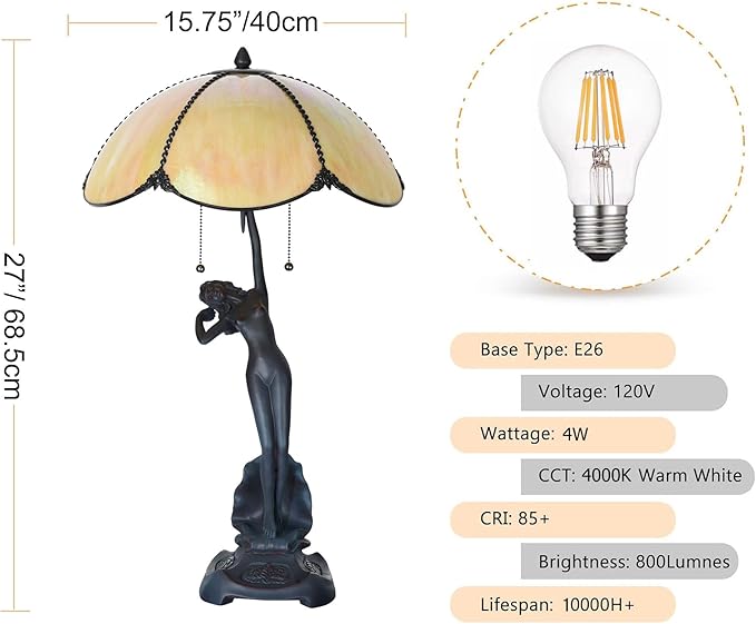 TL0033 Tiffany Style Table Lamp Handmade Stained Glass Umbrella Shade with Lady Sculpture Base W 15.75 X OH 27 Inches, Art Nouveau Lamp for Home Office, LED Bulbs Included