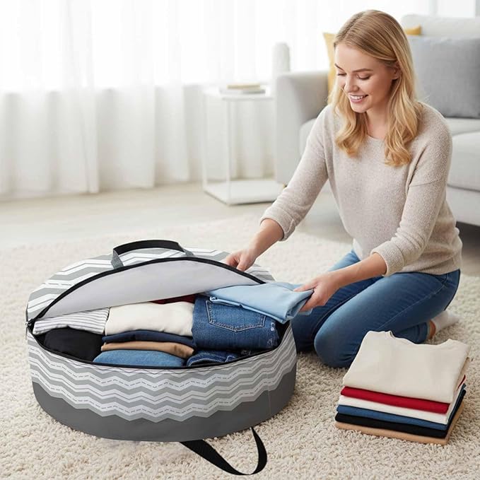 Storage Bag Grey Waves Round Storage Totes Bins Closet Organizers with Zippers & Handle Chevron Stripe Lines Clothes Storage Container for Bedroom Dorm Space Saving Packing Supplies Moving Bags