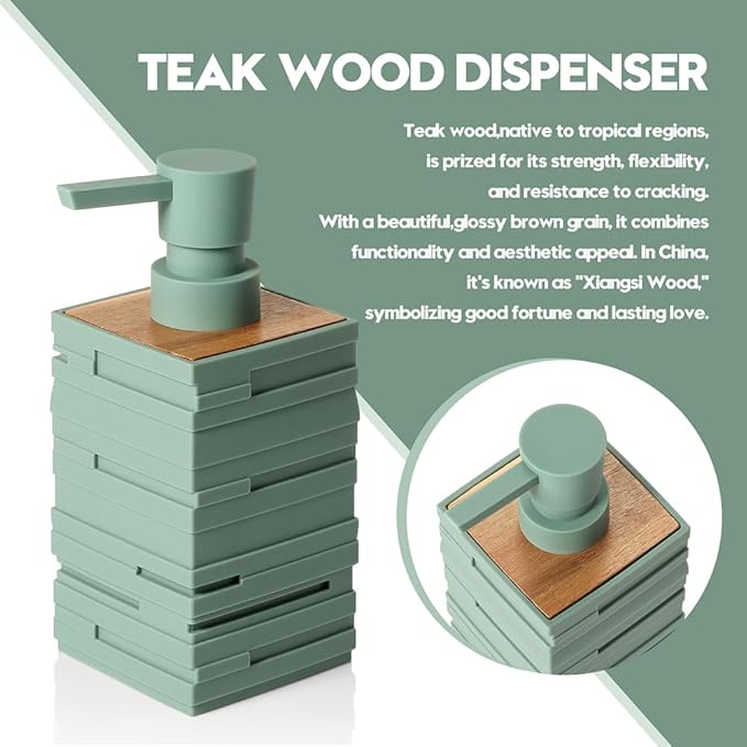YAUKPH Matte Green Teak Wood Hand Soap Dispenser 10 oz Square for Bathroom and Kitchen Countertops