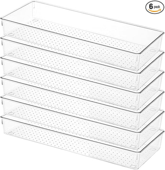 6 Pack Clear Drawer Organizer Trays Plastic Drawer Organizers Set 15 x 6 x 2 Inch Desk Drawer Divider Storage Bins Stackable Drawer Organizer Trays for Dresser Makeup Kitchen Office