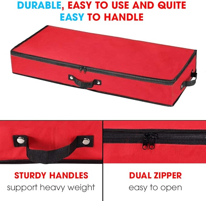 Primode Wrapping Paper Storage Container | Under Bed Gift Wrap Organizer for 30 Inch Rolls | 31”x13.5”x4.5” | 600D Oxford Material | Box Holder with Pockets for Ribbon, Bows, and Accessories (Red)