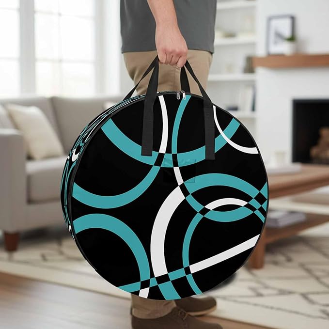 Storage Bag Turquoise Black Geometric Circle Round Storage Totes Bins Closet Organizers with Zippers & Handle Modern Abstract Lines Clothes Storage Container for Bedroom Space Saving Packing Supplies