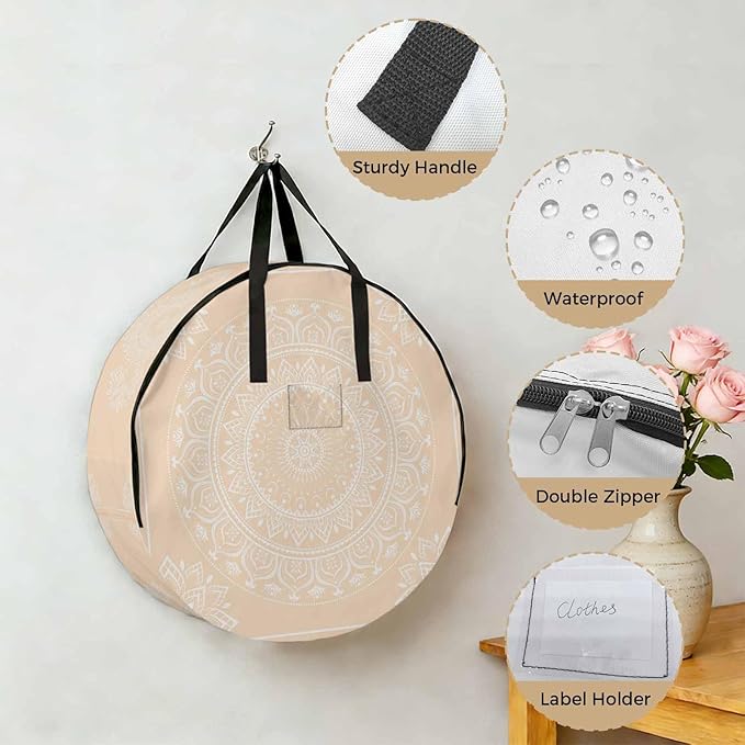 Storage Bag Cream Boho Round Storage Totes Bins Closet Organizers with Zippers & Handle Gorgeous Bohemian Flower Clothes Storage Container for Bedroom Dorm Space Saving Packing Supplies Moving Bags
