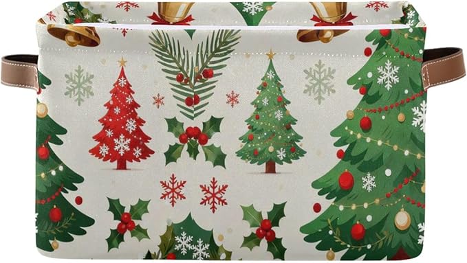 Christmas Storage Baskets with Handles, Decorative Collapsible Fabric Bins for Home Organization, Holiday Tree Pattern, 14.2x10.2x8.3 Inches