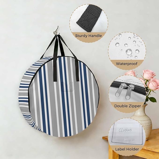 Storage Bag Navy Blue Stripes Round Storage Totes Bins Closet Organizers with Zippers & Handle Grey Striped Lines Clothes Storage Container for Bedroom Dorm Space Saving Packing Supplies Moving Bags
