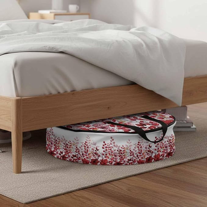 Storage Bag Red Eucalyptus Leaves Round Storage Totes Bins Closet Organizers with Zippers & Handle Berry Branch Nature Plant Clothes Storage Container for Bedroom Dorm Space Saving Packing Supplies