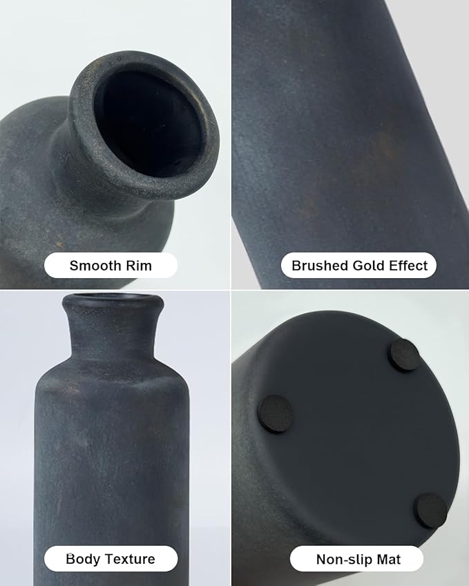 Black Ceramic Vases Set – Rustic Vintage Matte Decorative Flower Vases with Brushed Gold Effect for Home Decor, Living Room, Dining Table & Mantel Centerpieces