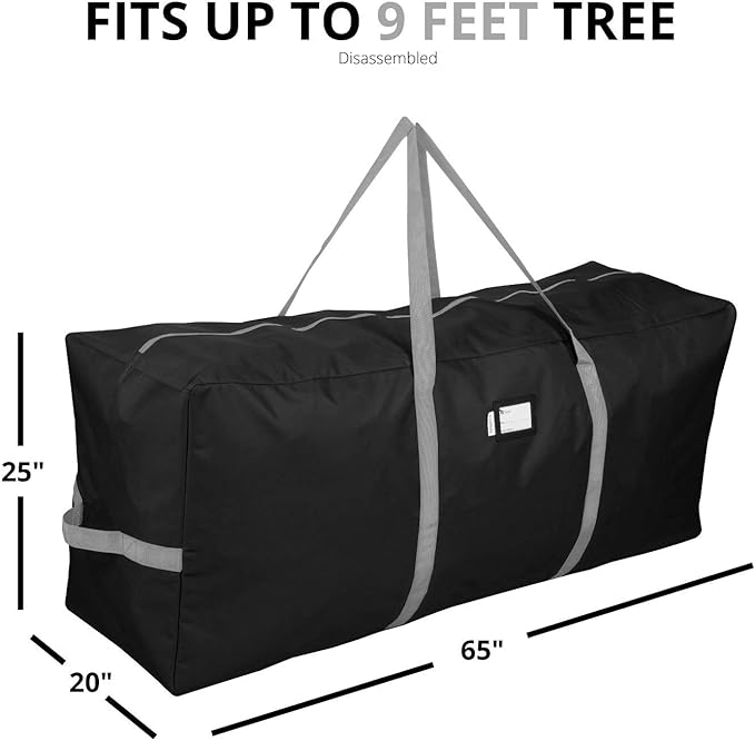 Primode Heavy Duty Christmas Tree Storage Bag, Fits Up to 9 Ft. Tall Disassembled Trees, 25" H X 20" W X 65" L, Durable 600D Oxford Material, Heavy Duty Xmas Storage Container (Black)