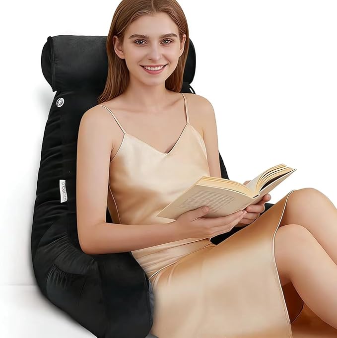 Reading Pillow for Sitting in Bed Adult with Detachable Neck Roll & Big Backrest Pillow for Bed Sitting up with Arms Side Pocket Shredded Foam Large Back Chair Pillow with Washable Cover