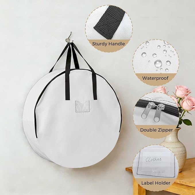Storage Bag White Round Storage Totes Bins Closet Organizers with Zippers & Handle Pure Solid Color Clothes Storage Container for Bedroom Dorm Space Saving Packing Supplies Moving Bags