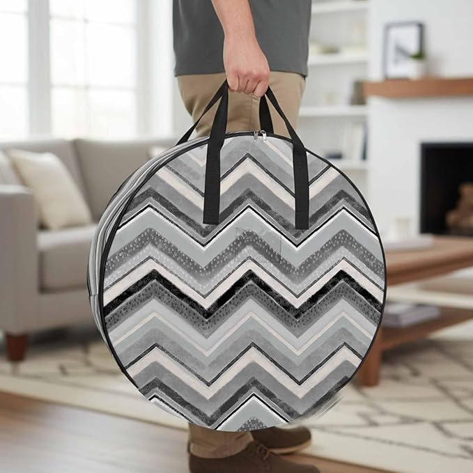 Storage Bag Grey Chevron Round Storage Totes Bins Closet Organizers with Zippers & Handle Geometric Design Stripe Clothes Storage Container for Bedroom Dorm Space Saving Packing Supplies Moving Bags