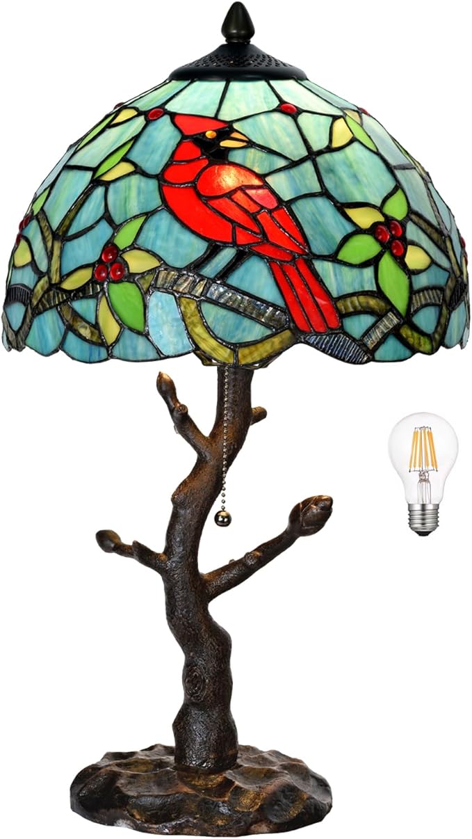 TL0035 Tiffany Style Stained Glass Table Lamp, Cardinal Bird Desk Lamp with Branch Base, W 12" x OH 21", Great for Home Decor & Night Lighting, LED Bulb Included (Red Cardinal)