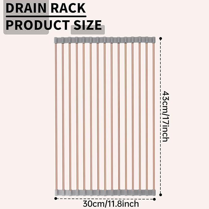 11.8" x 17" Expandable Roll Up Over The Rack Sink Cover Kitchen Dish Drying Rack,SUS304 Stainless Steel Multipurpose Collapsible Organizer Dish Drying Rack for Kitchen Sink Cover,Rose Gold