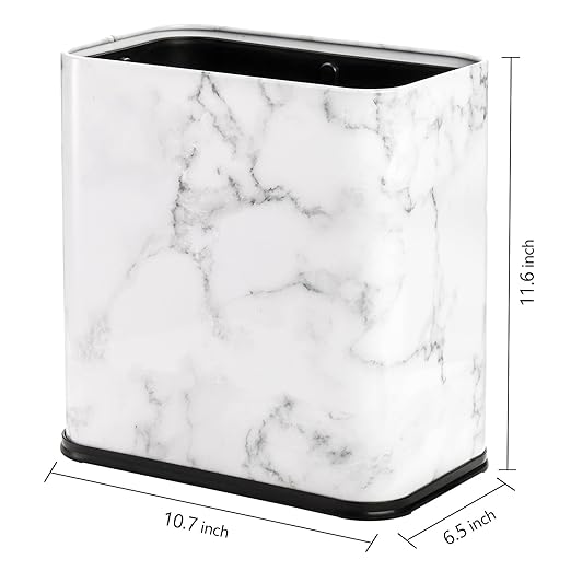 Coloch 2.4 Gallon/9L Rectangle Marble Print Metal Trash Can, Stainless Steel Bathroom Wastebasket Narrow Garbage Bin Invisi-Overlap Open Top Rubbish Bin for Bathroom, Kitchen, Home, Hotel