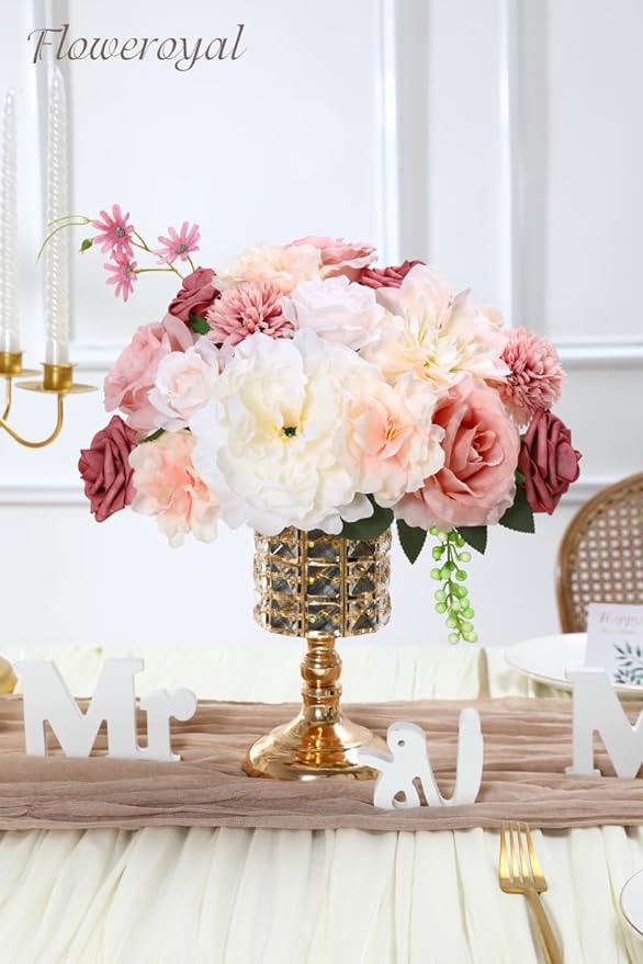 Floweroyal Artificial Flowers Combo Pink Flowers Mix Silk Flowers Dahlia Roses with Stems for DIY Wedding Bridal Bouquets, Baby Shower, Floral Arrangement, Table Centerpieces, Home Decorations