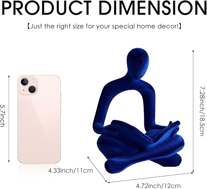 Navy Blue Reading Statue Decor, Modern Abstract Thinker Sculptures Decorations for Living Room, Flocked Figurine for Dining Room Office TV Stand Shelf Coffee Table Decoration, Gifts for Women