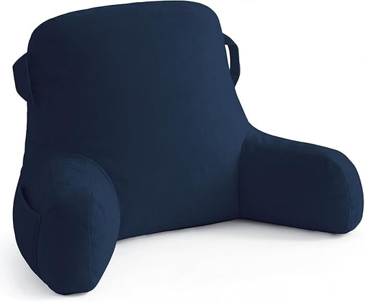 Unisakey Portable Comfy Reading Pillows for Bed Sitting Up(Royal Blue Oeko-Tex), Velvet Back Pillow with Arms & Pockets for Adults, Support Memory Foam Bed Pillow for Dorm/Reading/Watching/Gaming