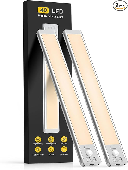 MCGOR 10inch Under Cabinet Lighting, 2 Pack Rechargeable Motion Sensor Light Indoor, 5 Levels Dimmable Magnetic Closet Lights, Wireless Under Counter Lights for Kitchen, Stairs
