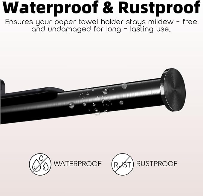 Upgraded Kitchen Paper Towel Holder - One-Hand Tear Under Cabinet Stick-on Towel Rack for Hanging Paper - First Apartment Essentials Wall Mount Self Adhesive Stainless Steel Rack Fits Black