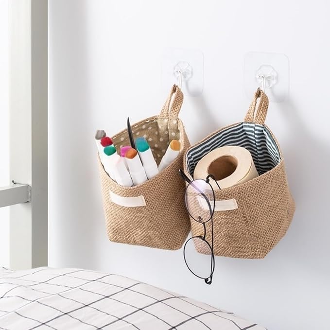 3 PCS Cotton Linen Hanging Storage Baskets, Mini Wall Mounted Organizer Bags with Handles, Foldable Storage Box