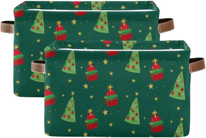 Christmas Storage Basket, Collapsible Canvas Box with Green Tree Pattern, 14.2x10.2x8.3 Inches, Decorative Organizer for Bedroom Storage with Leather Handles