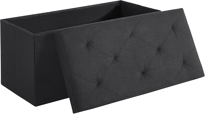 VECELO 30'' Folding Storage Ottoman Bench, Storage Chest, Linen Fabric Foot Rest Stool, 110L Storage Footstools for Bedroom and Living Room, Holds up to 440 lbs, Dark Black