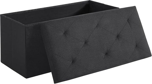 VECELO 30'' Folding Storage Ottoman Bench, Storage Chest, Linen Fabric Foot Rest Stool, 110L Storage Footstools for Bedroom and Living Room, Holds up to 440 lbs, Dark Black