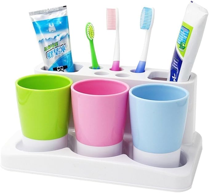 Toothbrush Holder 5 Hole Toothpaste Stand Bathroom Organizer with 3 Rinse cups for Family Set