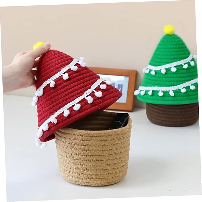Garneck Cartoon Christmas Tree Decorative Storage Basket Lid Woven Organizer for Boys and Girls Toys Sundries and Personal Items Stylish Container for Home Decor and Desk Organization