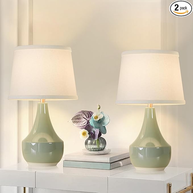 GyroVu 18" Table Lamp Set of 2, Ceramic Table Lamp Classic Beside Lamps Nightstand Lamp Modern Lamp for Living Room, Bedroom & Office Rocker Swtich Sage Green-LED Bulbs Included