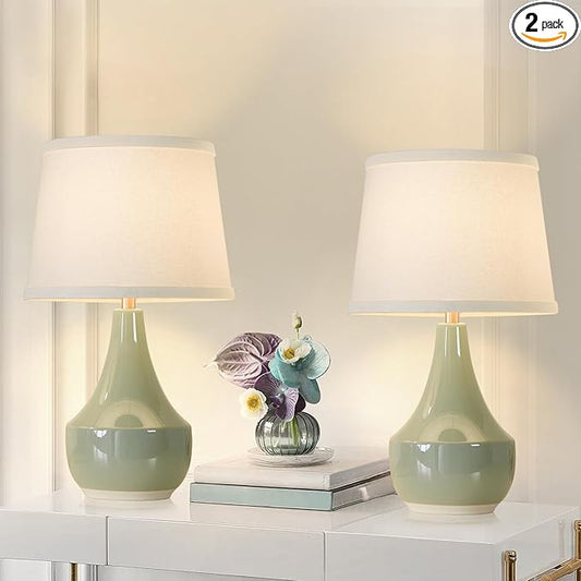 GyroVu 18" Table Lamp Set of 2, Ceramic Table Lamp Classic Beside Lamps Nightstand Lamp Modern Lamp for Living Room, Bedroom & Office Rocker Swtich Sage Green-LED Bulbs Included