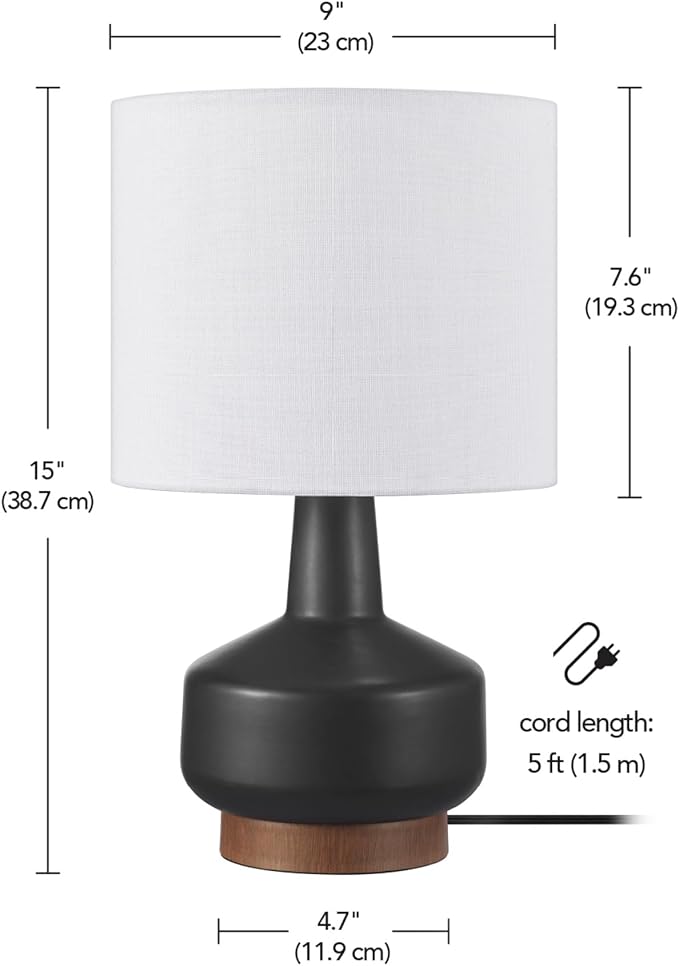 Globe Electric 15" Ceramic Table Lamp, Matte Black Base, Wood-Toned Accent, White Linen Shade, Dual Rotary Switch, Modern Bedroom or Office Lighting, 61000046
