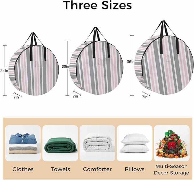 Storage Bag Pink Stripes Round Storage Totes Bins Closet Organizers with Zippers & Handle Grey Striped Lines Clothes Storage Container for Bedroom Dorm Space Saving Packing Supplies Moving Bags