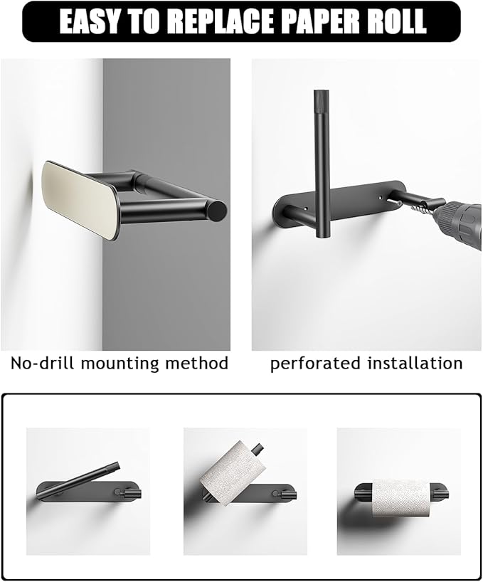 Black Toilet Paper Holder - Bathroom Toilet Paper Holder Adhesive or Screw Wall Mounted Swivel Snap Lock Design Fits Anywhere Stainless Steel Bathroom Tissue Roll Holder