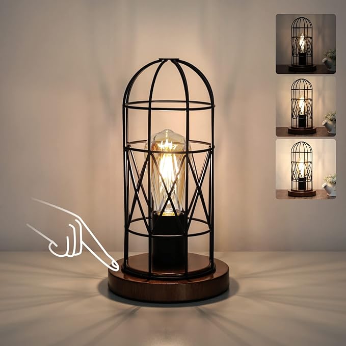 Touch Control Table Lamp, Industrial Bedside Lamp with 3 Way Dimmable, Small Nightstand Vintage Metal Cage Desk Lamps, Steampunk Table Lamps for Bedroom, Living Room, Kitchen (Bulb Included)