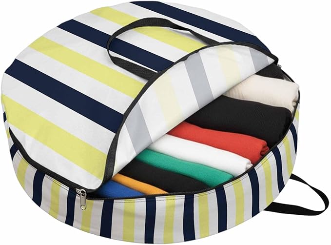 Storage Bag Navy Blue Yellow Stripes Round Storage Totes Bins Closet Organizers with Zippers & Handle Contrast Striped Clothes Storage Container for Bedroom Dorm Space Saving Packing Supplies Bags