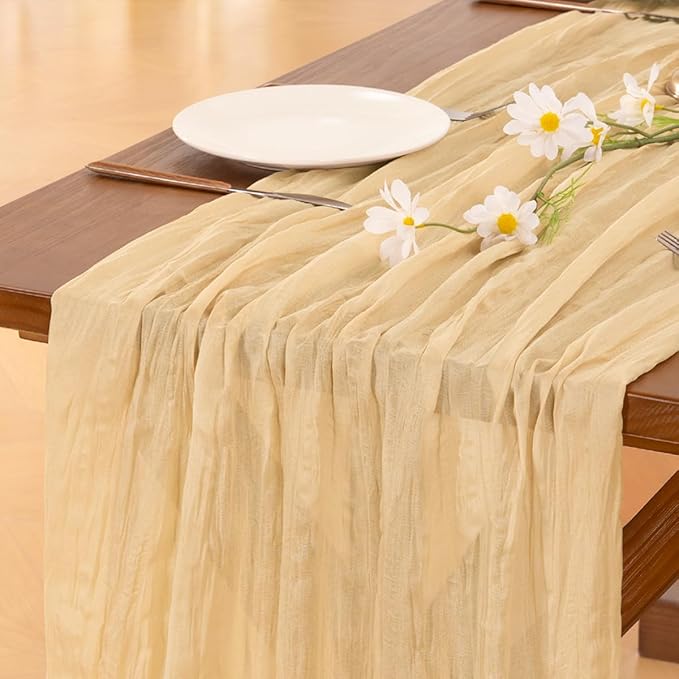 Socomi Gold Champagne Cheesecloth Table Runner Easter Spring Boho Rustic Gauze 120 inch 10FT Cheese Cloth Runner for Wedding Party Baby Shower Birthday Home Decor Holiday Decorations