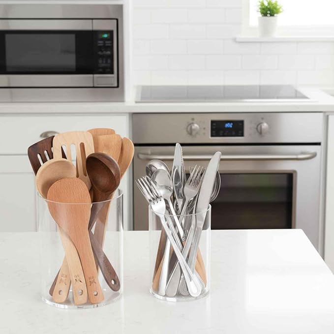 Threehoney Clear Utensil Holder 6.8''+5.4''acrylic Kitchen Counter Utensil Crock Plastic Cooking Tool Organizer Easy to Clean Cooking Spoon Holder for Spatula Modern Kitchen Accessories