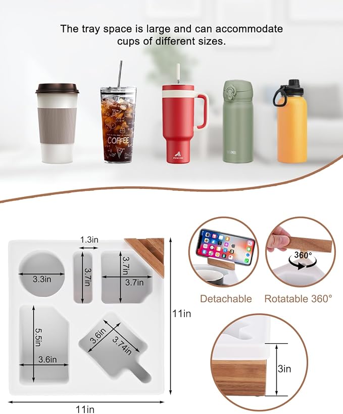 Couch Cup Holder Tray, Silicone Acacia Wooden Couch Caddy with Cup Holder for Snacks, Drinks, Remotes, Waterproof Cup Holder for Couch, Organizer, Couch Drink Holder, Pillow, Easter Gifts