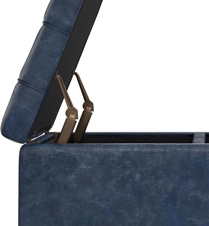 SIMPLIHOME Harrison Small Coffee Table Storage Ottoman - 30 inch Wide Upholstered Vegan Leather Square Lift-Top Ottoman in Denim Blue, Transitional Ottoman for Living Room with Hidden Storage