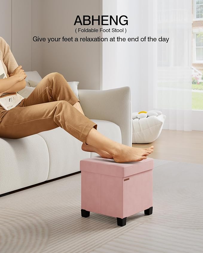 ABHENG Cube Storage Ottoman, Velvet Foot Stool with Feet, Folding Storage Bench, End of Bed Bench, Chest, for Living Room, Bedroom and Office, 15 x 15 x 15.7 Inches, Jelly Pink, ASND22P