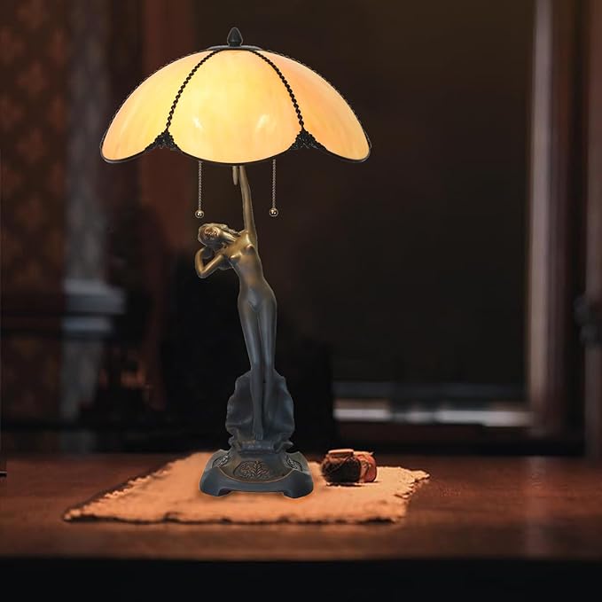 TL0033 Tiffany Style Table Lamp Handmade Stained Glass Umbrella Shade with Lady Sculpture Base W 15.75 X OH 27 Inches, Art Nouveau Lamp for Home Office, LED Bulbs Included