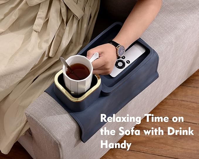 Couch Cup Holder Tray, Elimiko Silicone Anti-Spill and Anti-Slip Couch Drink Holder, Strong and Weighted Phone/Remote/Snacks Sofa Cup Holder (Black)