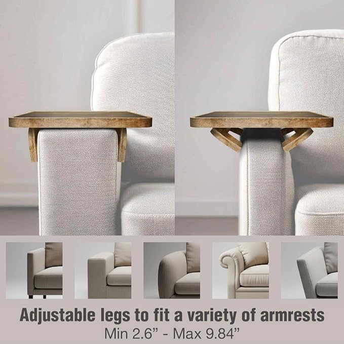 Couch Arm Table | XL Acacia Wood Folding Sofa Side Tray | 15.8" x 11.8" | Cup & Phone Holder | Adjustable Clip on TV Caddy Armrest Tray | Perfect for Eating Dinner & Snacks | Thin Foldable Organizer