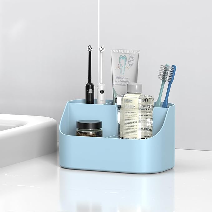 Countertop Toothbrush Holders for Bathrooms, Plastic Toothpaste and Electric Tooth Brush Holder Storage Caddy Stand for Shower, 5 Slots Cute Kids Bathroom Counter Organizer for Vanity, Light Blue