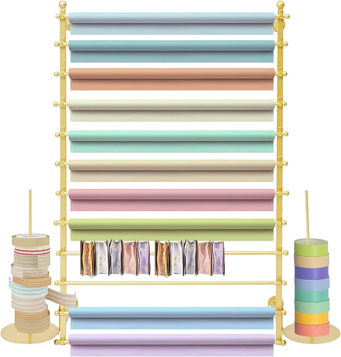 12-Layer Ribbon Holder Organizer Rack Wall Mounted Wrapping Paper Storage Rack Ribbon Dispenser Holder Wrapping Station Display Racks for Craft Room Florist Cake Shop(Gold)